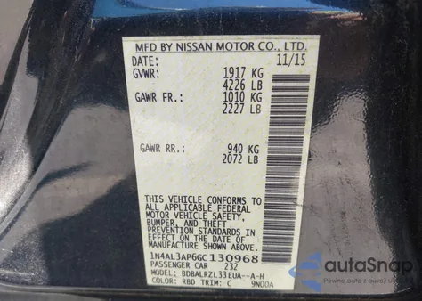 2016 Nissan Altima 2.5 Sl z USA, uszkodzony, nr VIN 1N4AL3AP6GC130968